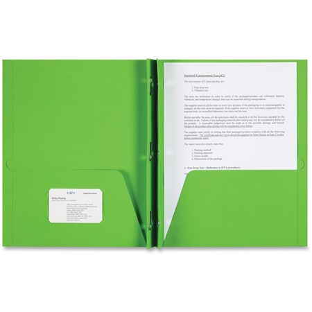 Sparco 2-Pocket Folder with Prong Fasteners, Card Holder, Apple Green, PK25 SPR78542
